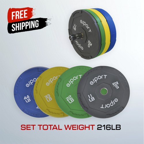 THE FREE SHIPPING code is eSPORT (PREMIUM QUALITY SUPER OLYMPIC INTERLOCKING BUMPER PLATES SET OF 4 PAIRS