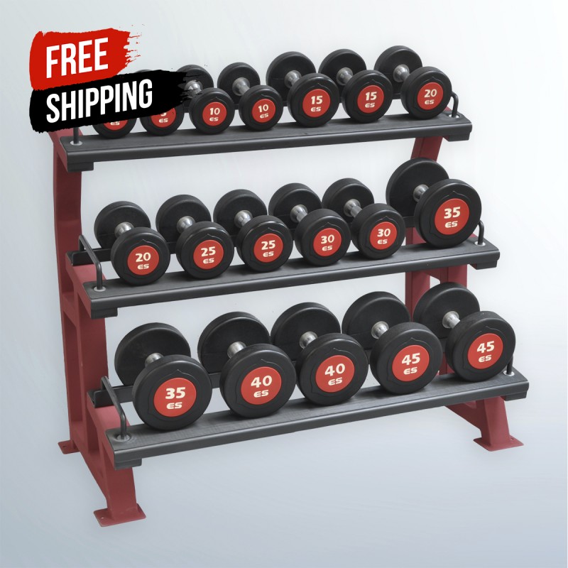 COMMERCIAL PRO-UROTHEAN DUMBBELL SET WITH RACK 10lb-45lb Pairs.